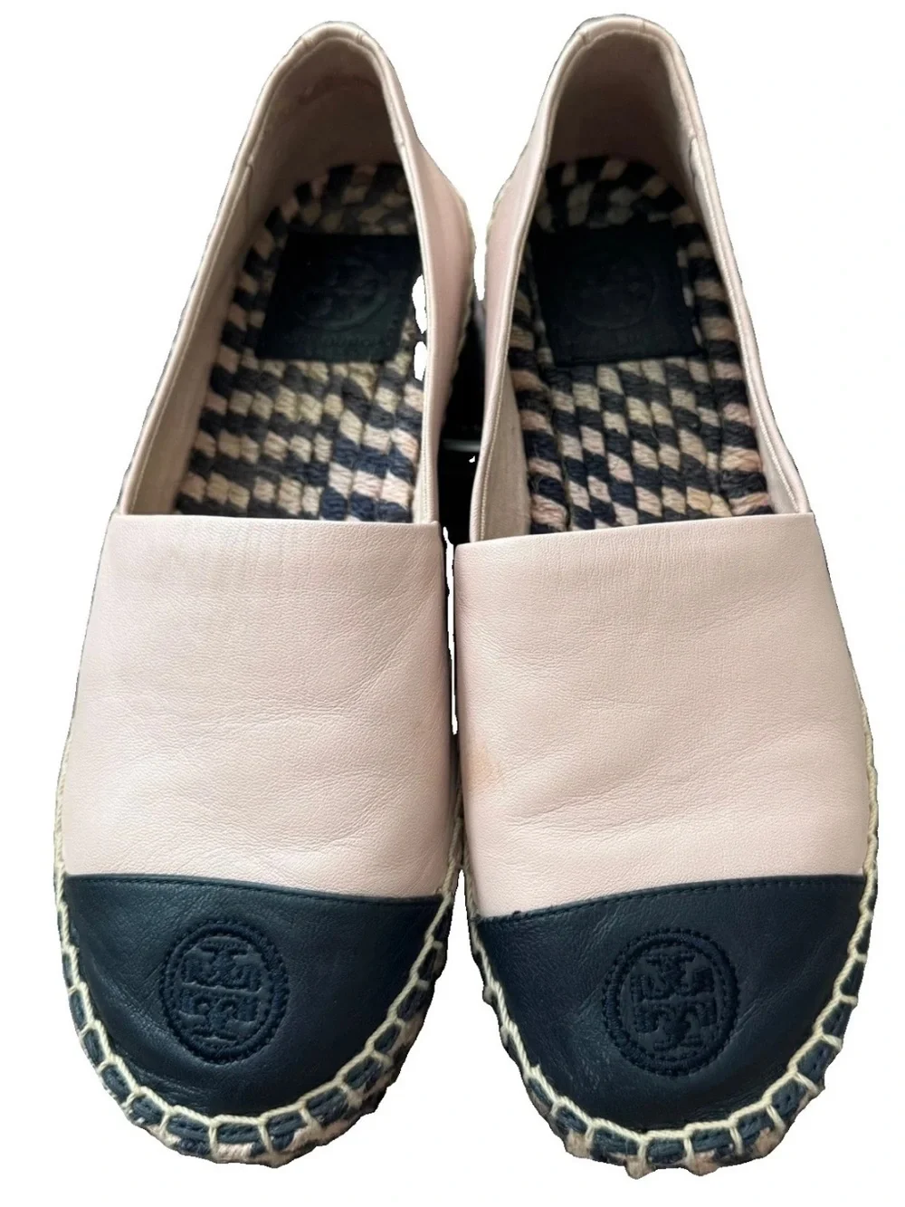 Tory Burch Leather Espadrille Shoes Color Block Pink Blue Round Toe Logo US 6.5M